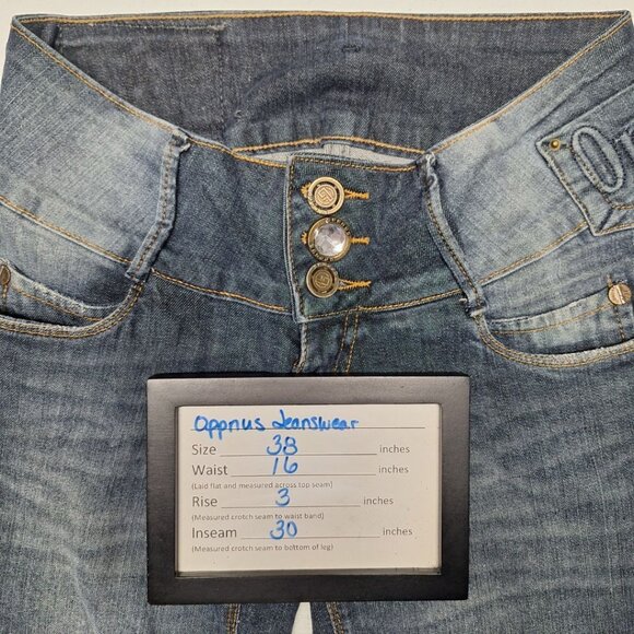 Oppnus Jeanswear Womens 38 Buttoned Jeweled Fly Hip Hugger Blue Denim Y2K Low - Picture 6 of 7